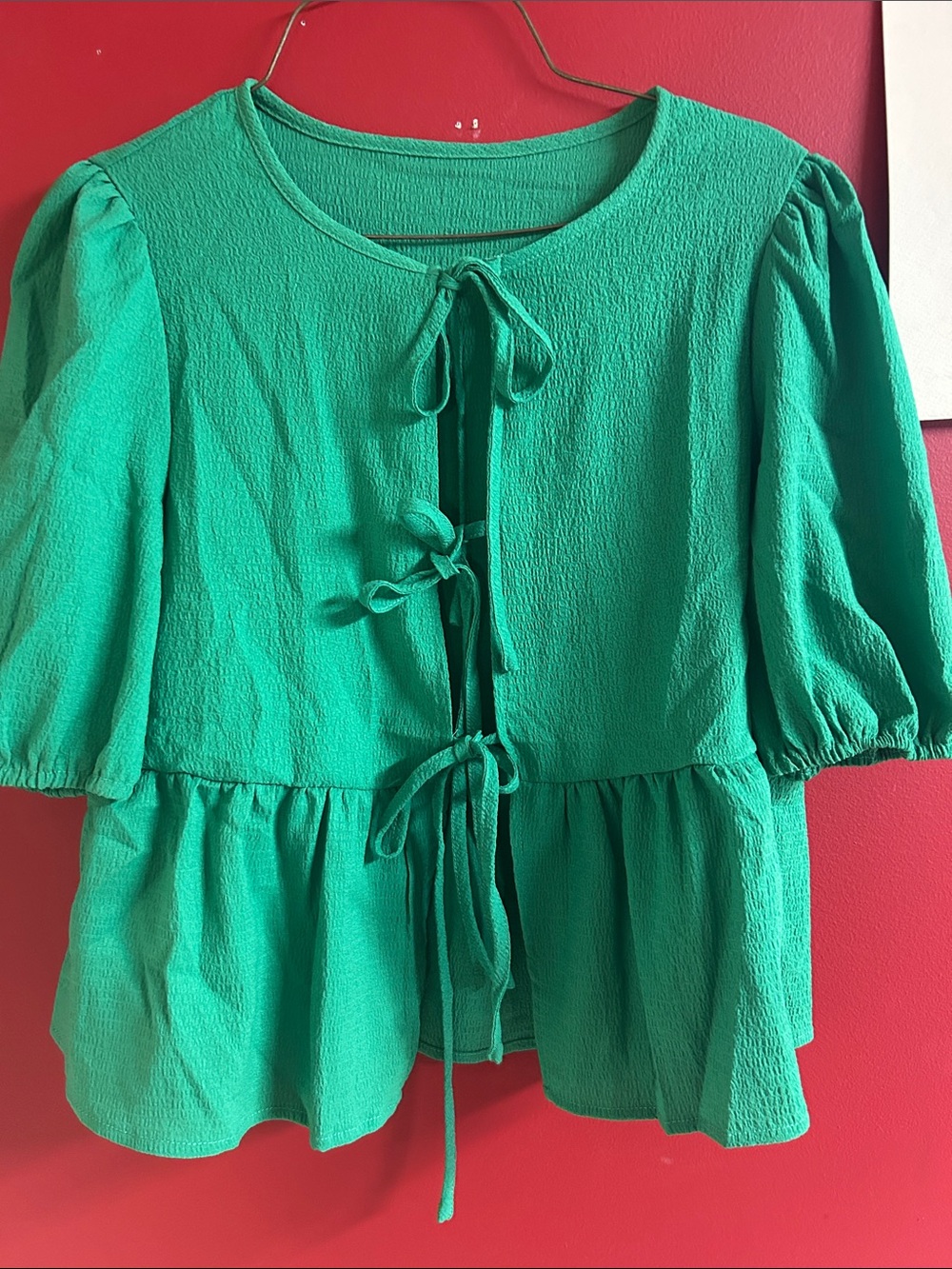 SHEIN Emerald Green Tie-Front Peplum Blouse sz small